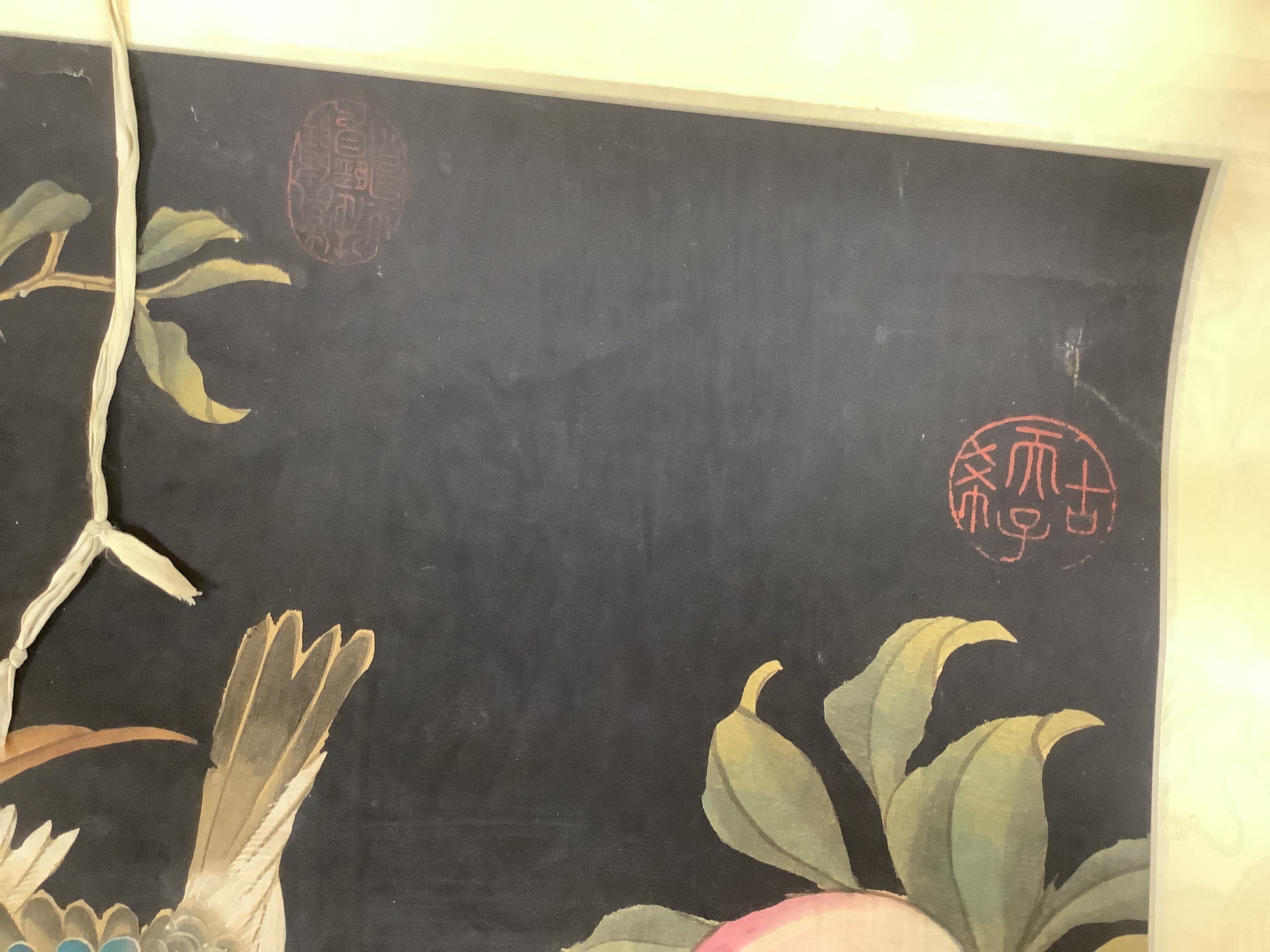 A Chinese hundred bird painted scroll, 239cm high